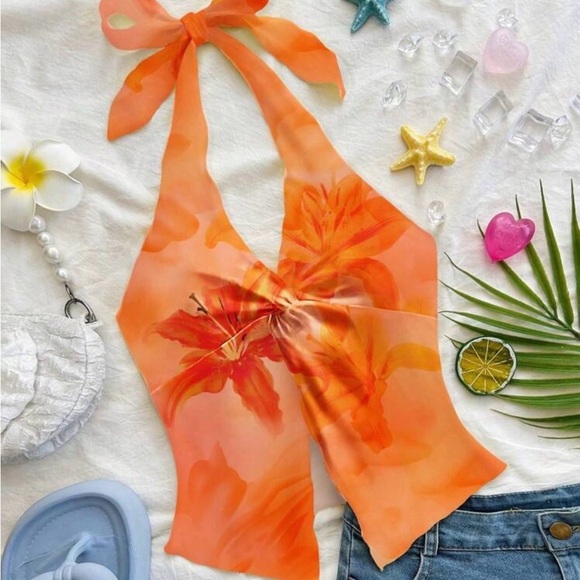 SHEIN Tops - Orange Floral Halter Top